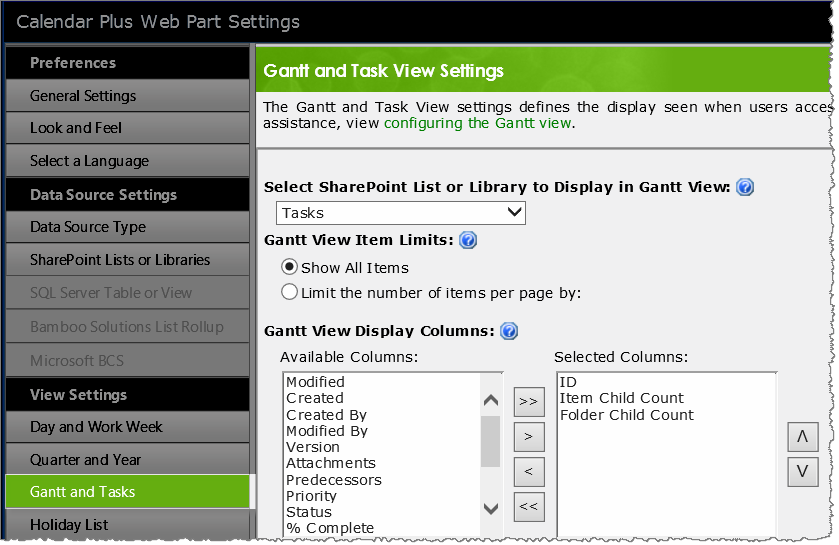 Image of Gantt and Task view settings screen