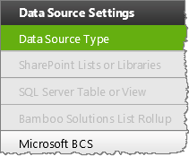 Image of the Navigation Pane with the BDC and MashPoint button available. All other data source buttons are grayed out
