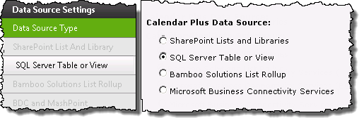 Data Source Settings screen with the SQL Server Table or View radio button selected