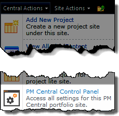 Screen shot of the Central Actions drop down menu.