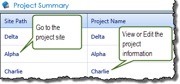 Project Name and Site Path links in the Project Summary