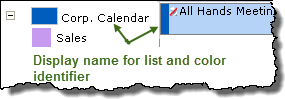 Image of calendar display showing color identification of list in the legend and item cell