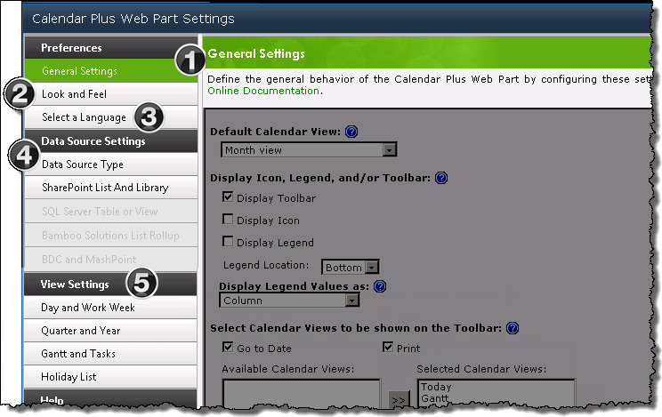 Screen shot of the Calendar Plus Configuration Settings screen.  Highlighted areas are discussed in the table below