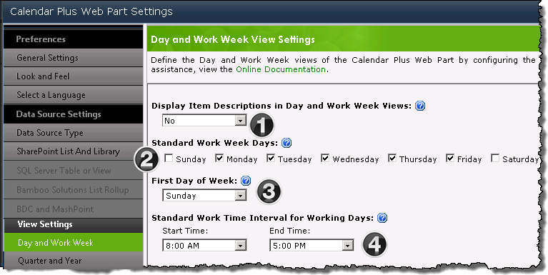 Day and Work View Settings Screens