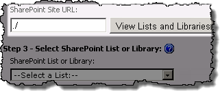 Image of relative URL in the SharePoint Site URL field and the View lists and libraries button