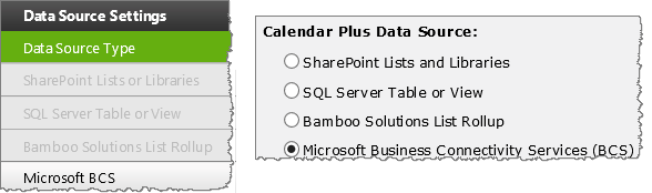 Data Source Settings screen with the Microsoft Business Connectivity Services radio button selected