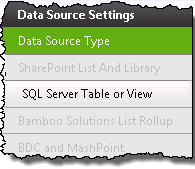 Image of the Navigation Pane with the SQL Server Table or view button available. All other data source buttons are grayed out