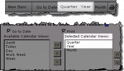 Image of Quarter and Year views in the calendar toolbar