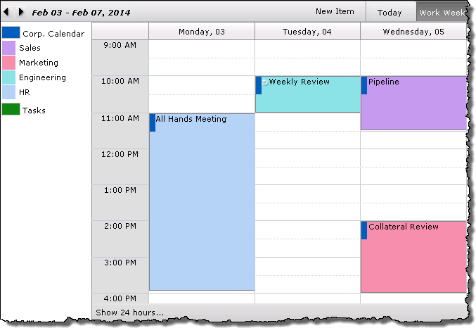 Work week shows work days in columns and the display legend