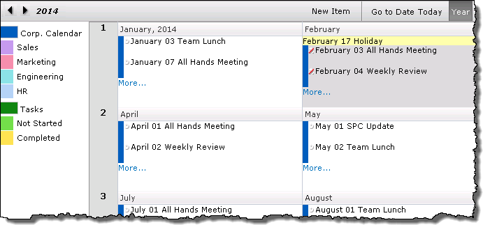 Year view displays months in rows, with 3 months per row