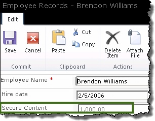 Image of Secure Column in SharePoint Edit form.  User can read contents. Field is greyed for editing