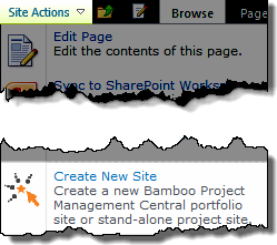 Image: Create New Site link in the Site actions menu