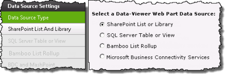 Image of the Navigation Pane with the SharePoint list and library button available. All other data source buttons are grayed out
