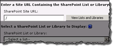 Image of relative URL in the SharePoint Site URL field and the View lists and libraries button