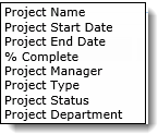 Project Name, Project Start Date, Project End Date, % Complete, Project Manager, Project Type, Project Status and Project Department columns are available for filtering