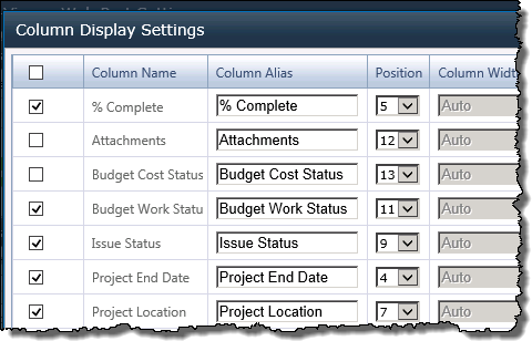 Column display settings screen