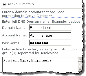 Image of fields shown in the Group Email configuraiton tool pane when Active Directory radio button selected