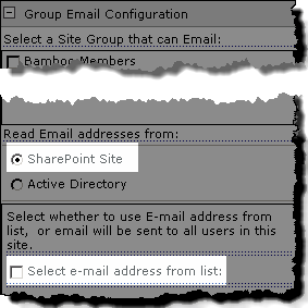 Image of Group Email configuraition tool pane set to use SharePoint Site by defalt