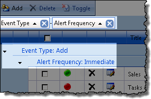 Image of Alert items grouped by Alert Frequency, then by Event type