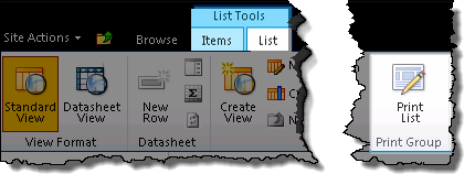 Image of SharePoint ribbon with Print List button