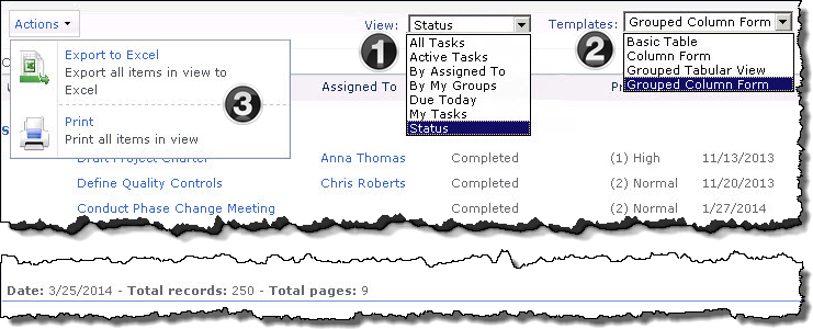 Image of the List Print popup screen. Image is modified to show the three drop down boxes