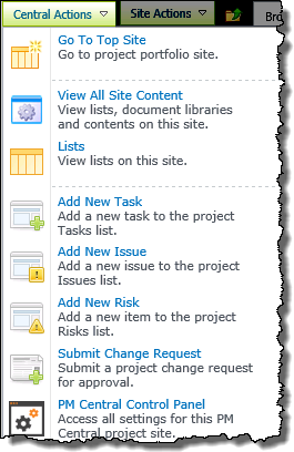 Central Actions menu on a project site