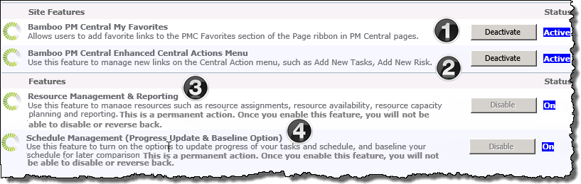Image of the manage features options available from the project control panel