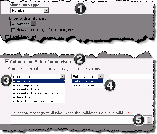 Image of the Validator column configuration screen when the Column and Value Comparison check box is selected