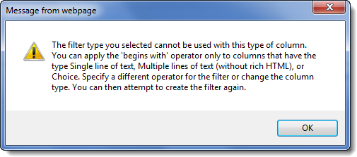 Error displayed when incorrect operator of a column type is selected
